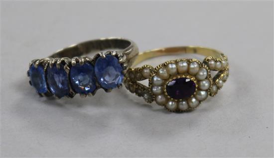 Two Victorian gem set rings including four stone sapphire and amethyst and split pearl.